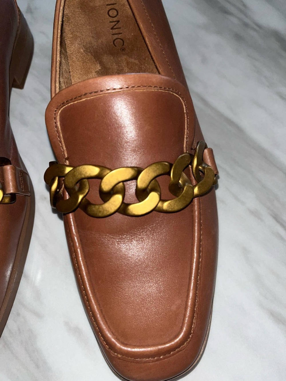 Vionic Brown Leather Loafers with Gold Chain Accent - Picture 4 of 6